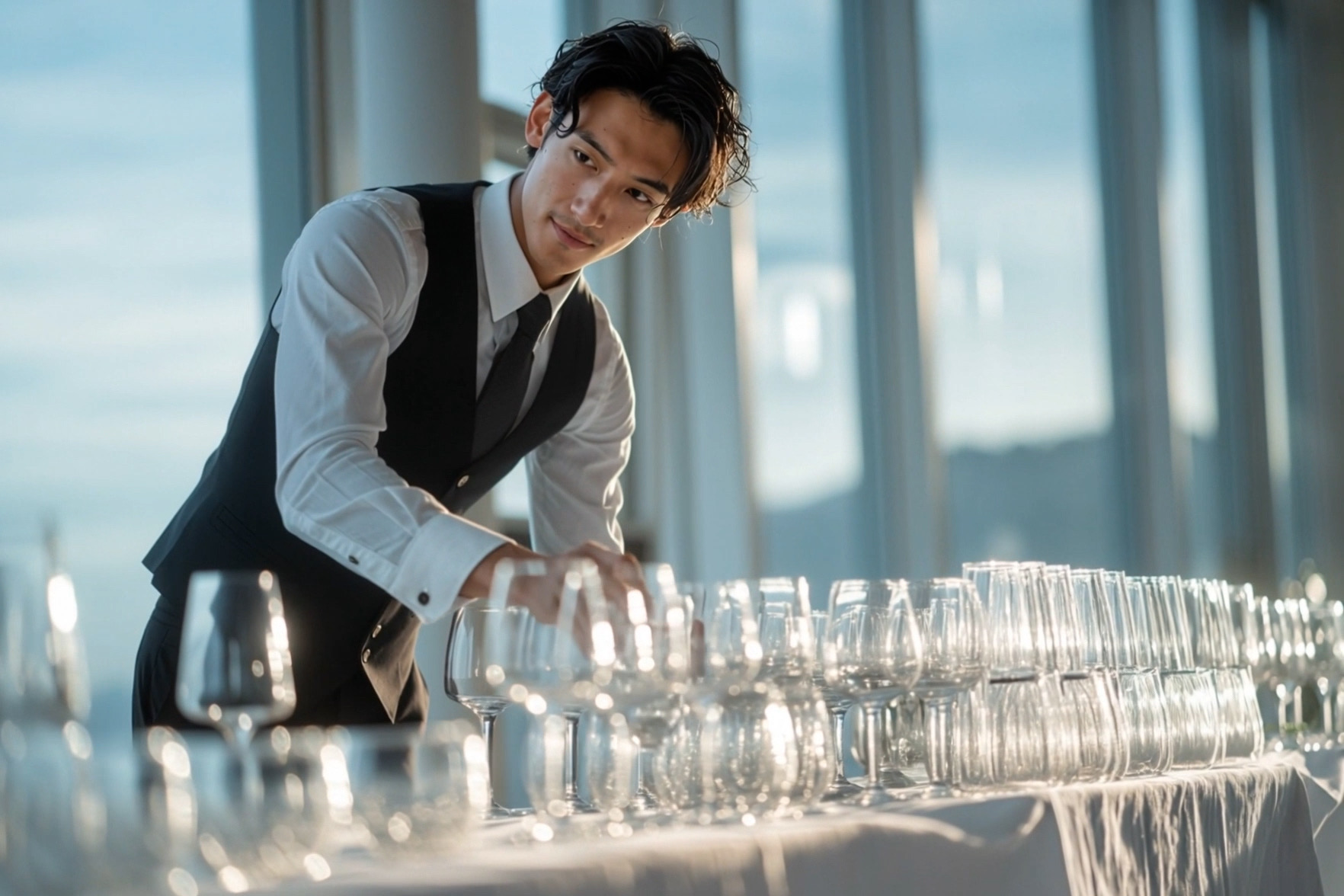 サービスマンがグラスをセッティングしている様子